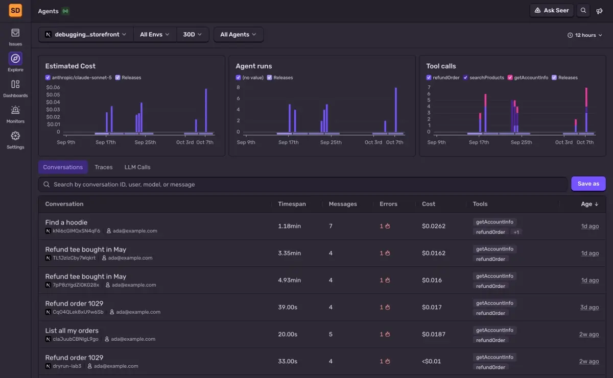 Sentry Agents view with estimated cost, agent runs, and tool call charts above a list of conversations