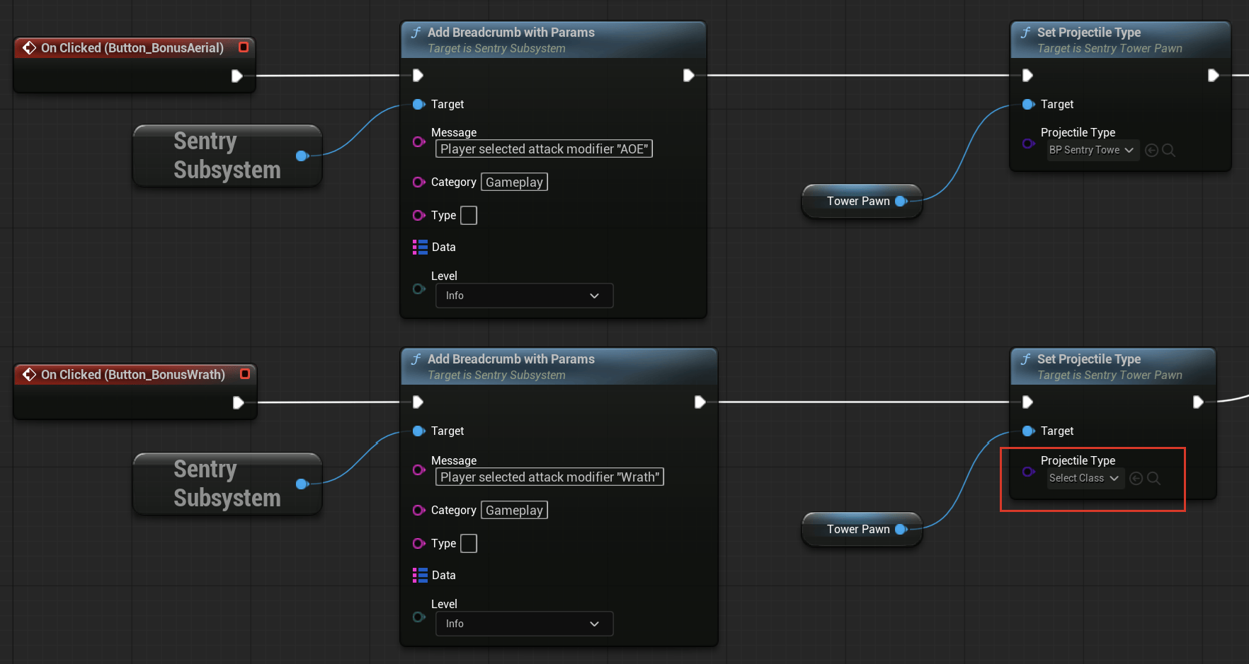 Unreal Blueprint graph where the Wrath button's Set Projectile Type node has no projectile class selected