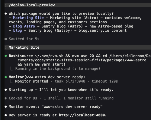 Claude Code deploy-local-preview skill spinning up a dev server and confirming it is ready at localhost:4000