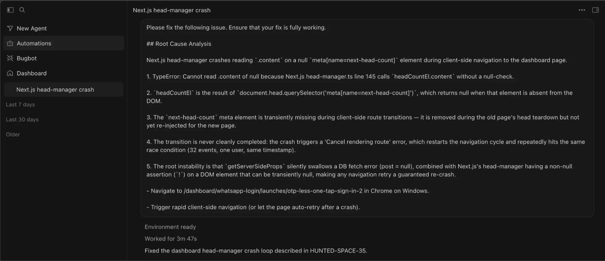 Cursor Cloud Agent receiving a root cause analysis prompt from Sentry with reproduction steps