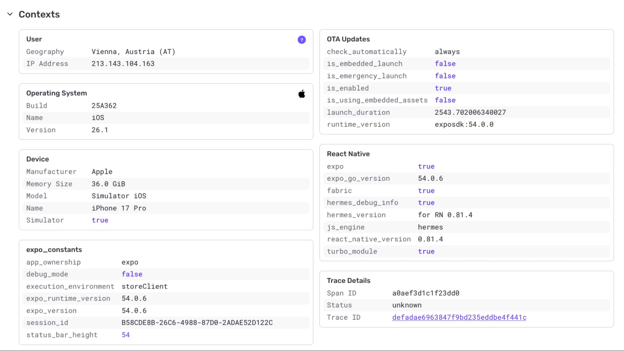 Sentry event for an Expo Updates emergency launch showing the fallback reason and associated tags