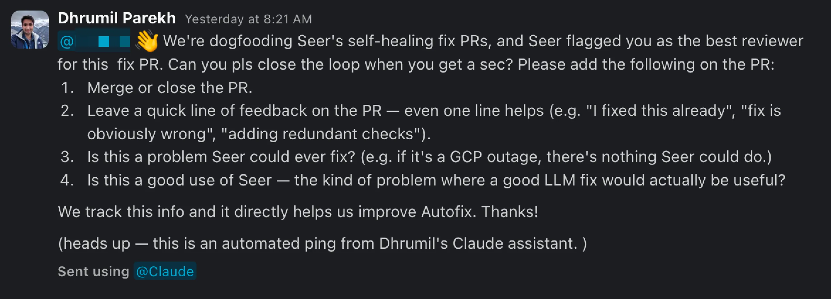 Slack message requesting a follow up on a PR