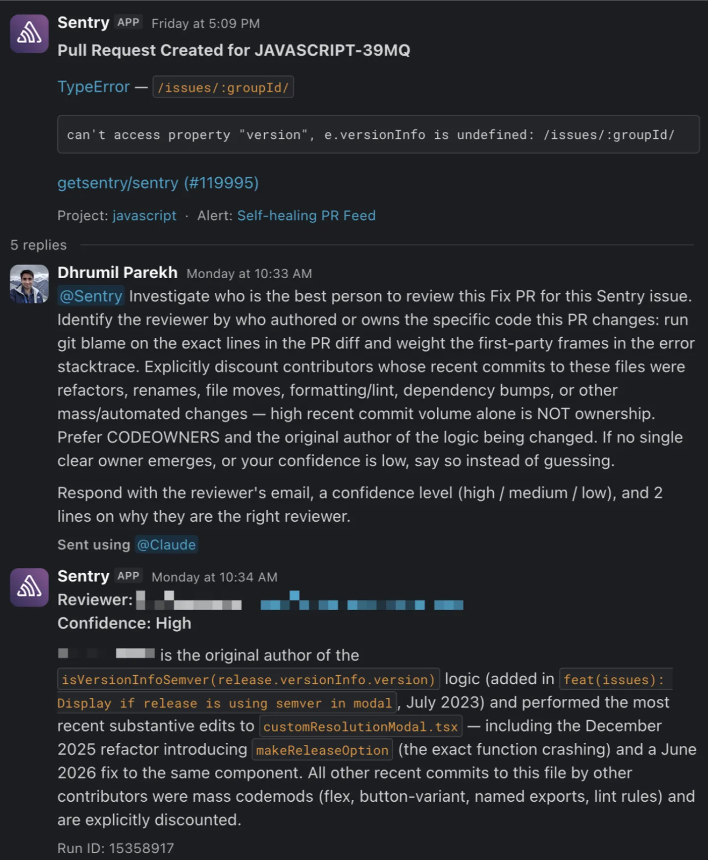 Slack thread where Seer suggests a reviewer for an autofix PR