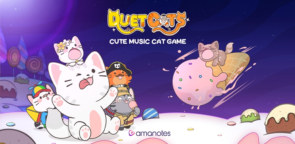 Promotional image of the game Duet Cats, showing cats sitting a group and another cat sitting on a big ice cream cone to the right.