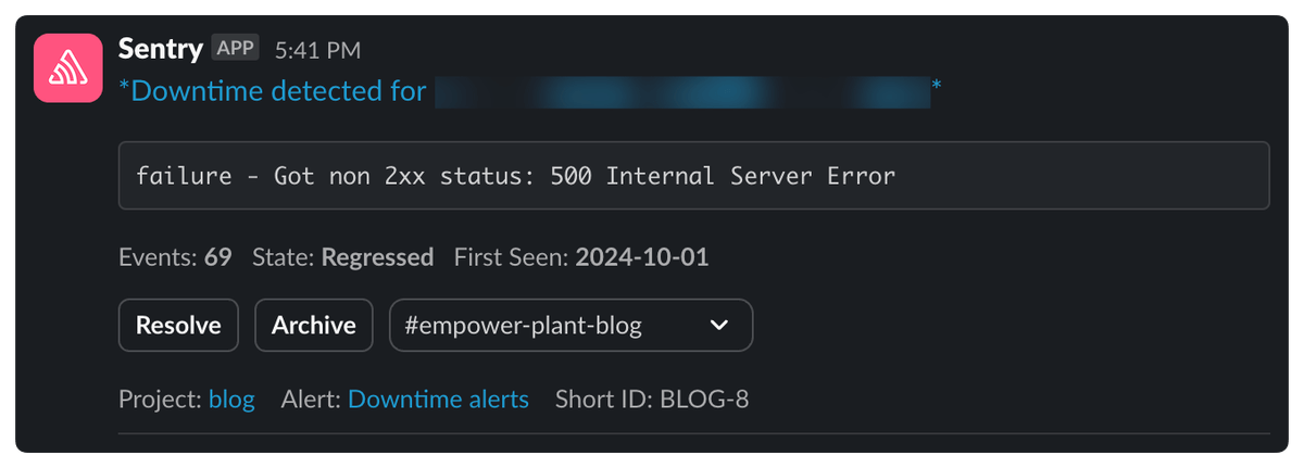 Sentry Slack notification showing downtime detected with a 500 Internal Server Error and resolve actions