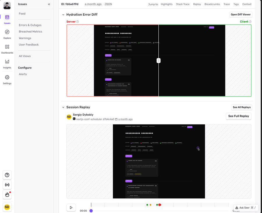 Sentry issue detail page showing a Hydration Error Diff with side-by-side server (red) and client (green) renders, followed by a Session Replay from user Sergiy Dybskiy on the nextjs-conf-scheduler project.