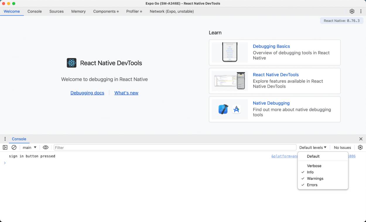 Start screen example of the React Native DevTools
