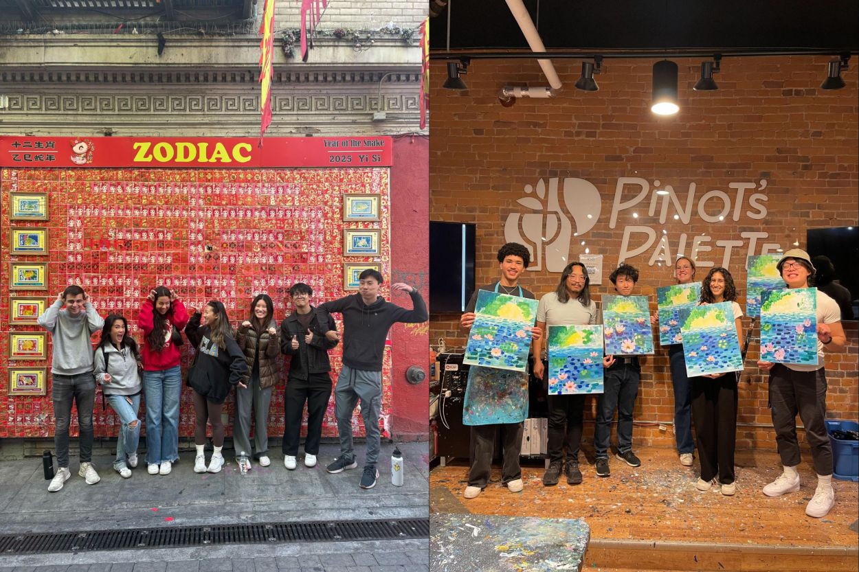 Split image: left, a group of young people pose and laugh in front of a red Zodiac-themed storefront covered in small decorative squares; right, a different group stands inside a Pinot’s Palette studio holding colorful lotus paintings against a brick wall.