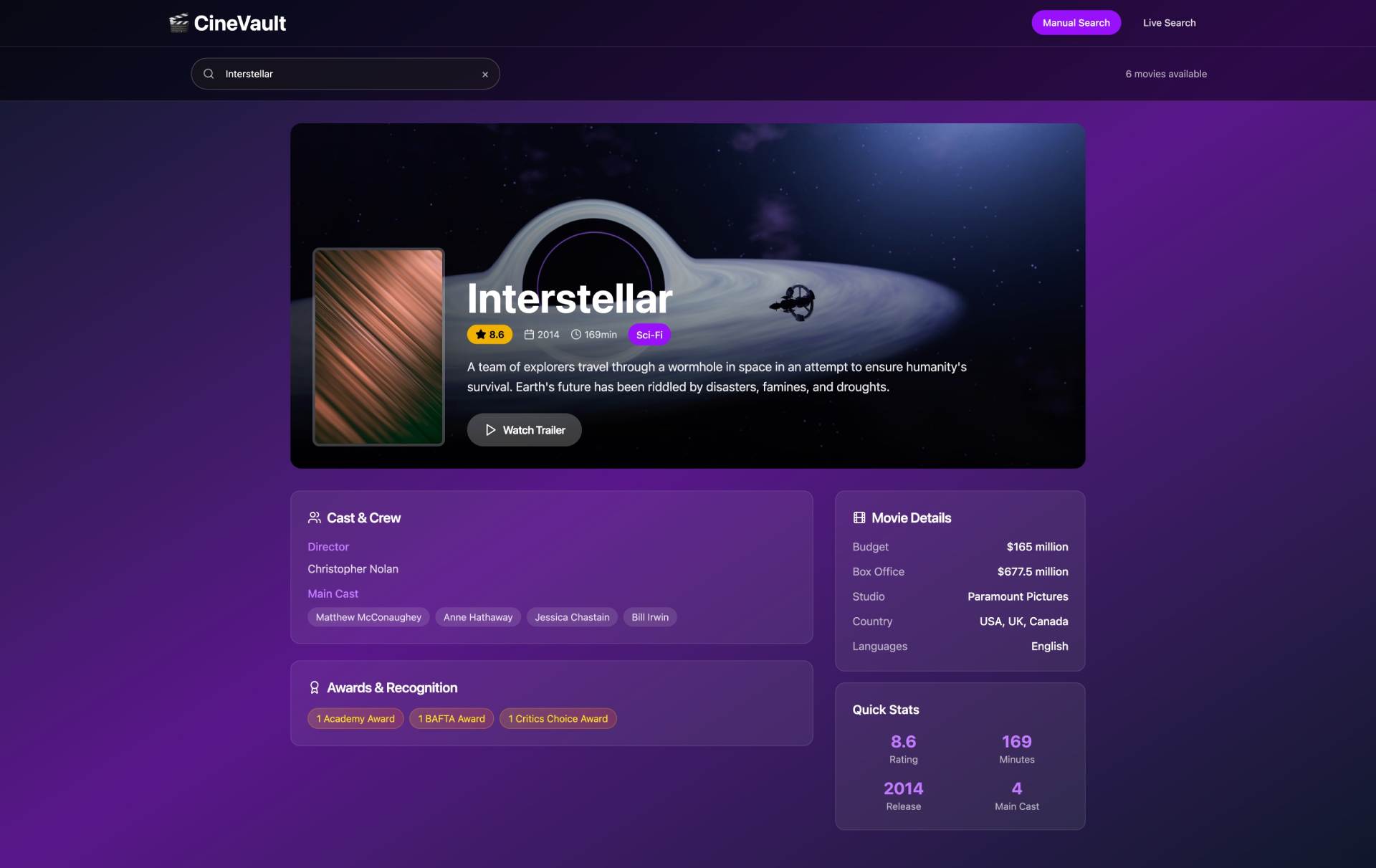Screenshot of the example app, showing info about the movie Interstellar.
