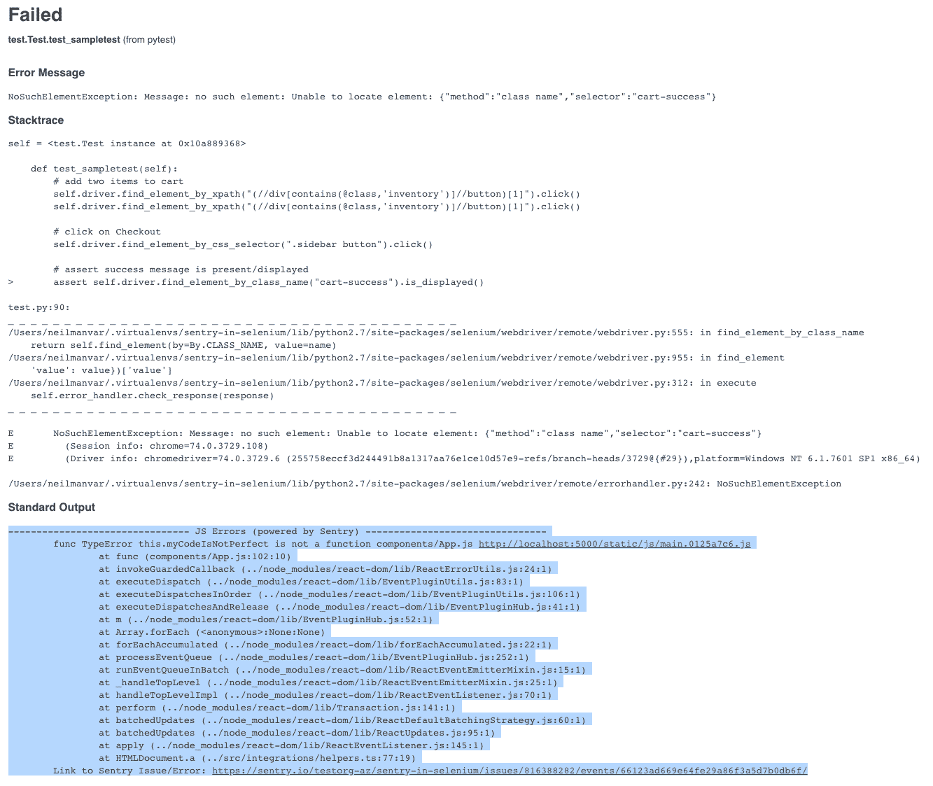 Error stacktrace in test result and link to Sentry