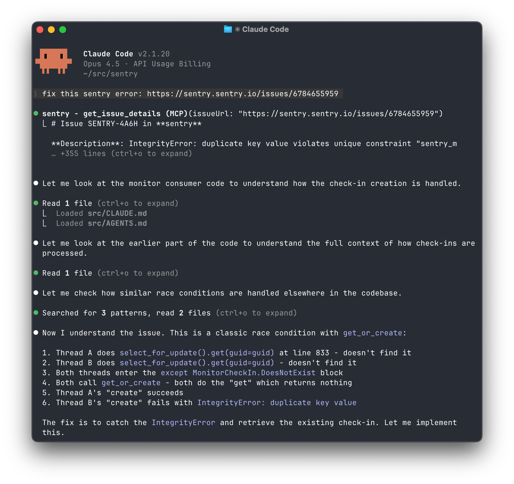 Screenshot showing Seer being used in Claude Code via MCP