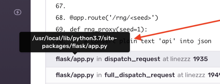 Sentry stack trace showing file path tooltip on hover revealing the absolute file path