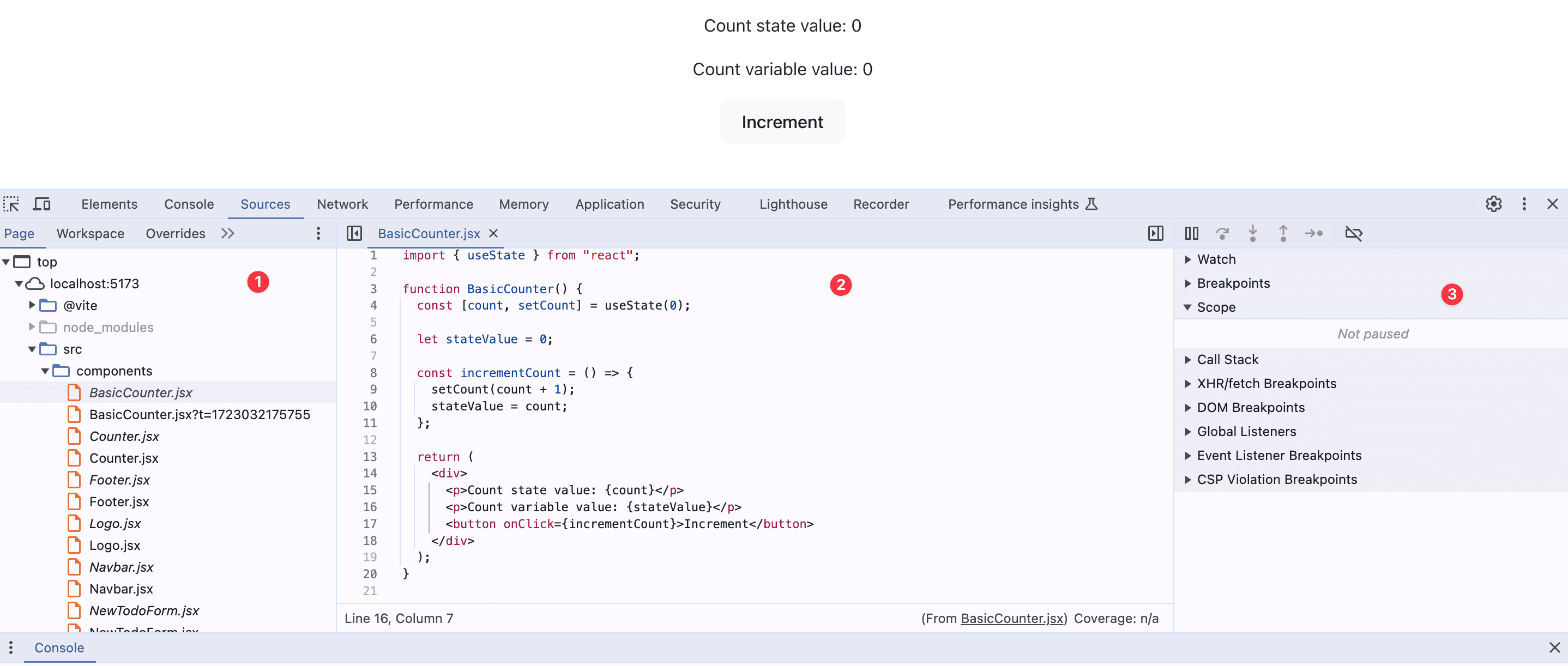 Chrome DevTools Sources panel showing BasicCounter.jsx with Page, Code editor, and Debugger sections