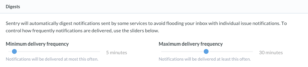 Sentry Digests settings panel with minimum and maximum delivery frequency sliders set to 5 and 30 minutes