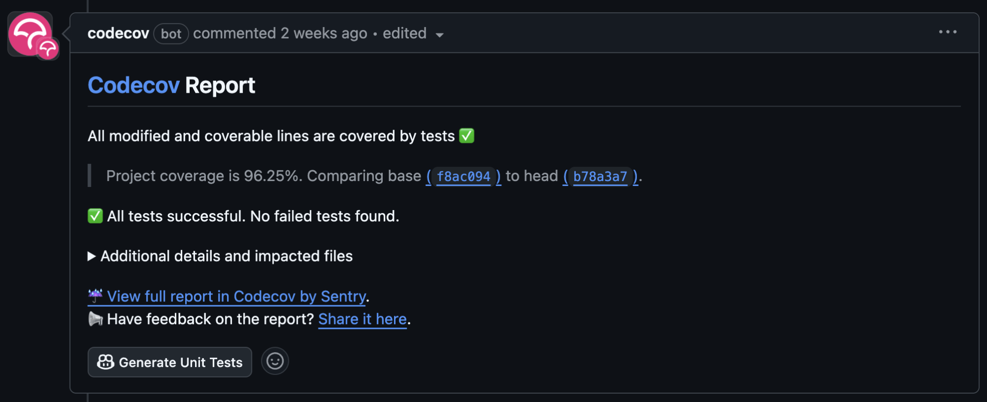 ‘Generate Unit Tests’ button found in the Codecov PR comment.