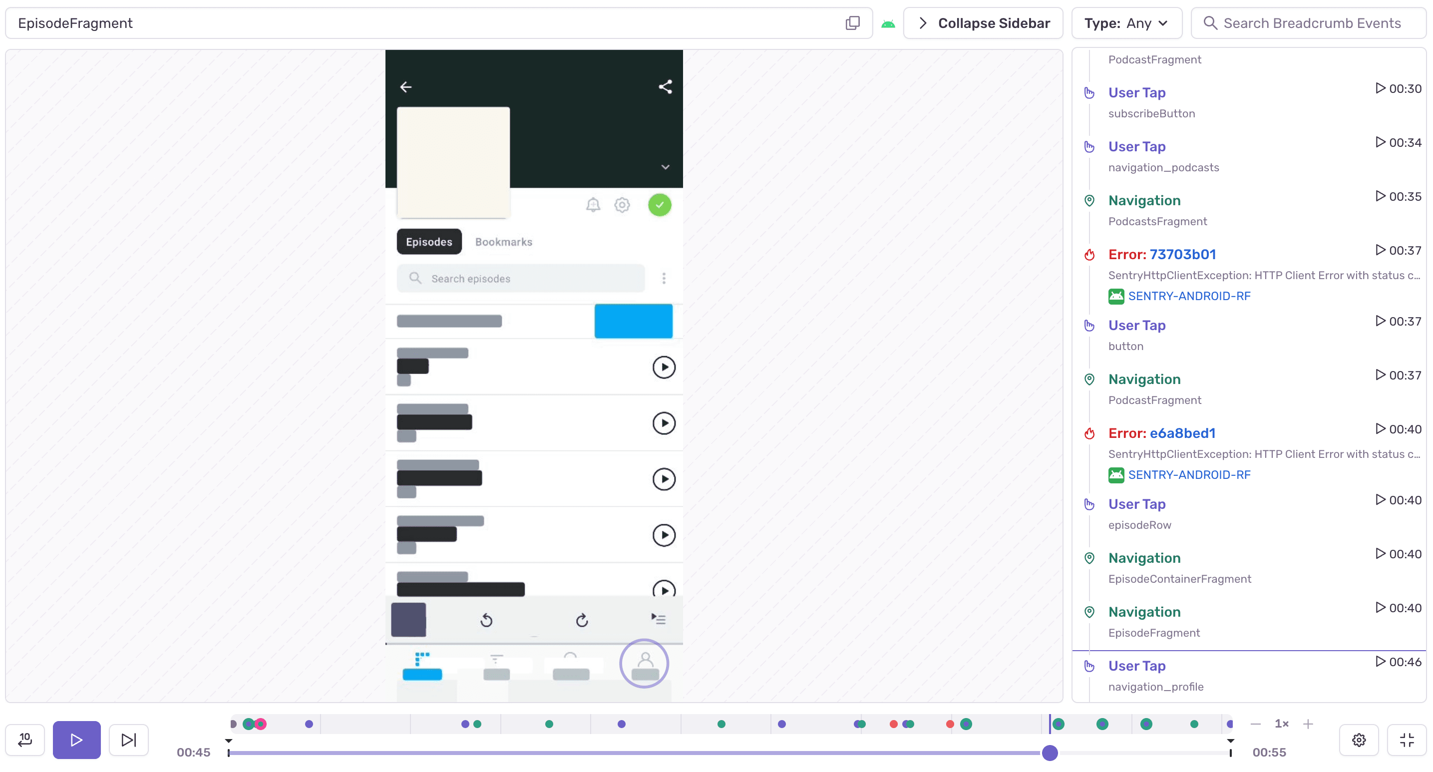 Sentry mobile session replay showing a redacted Android app screen with breadcrumb event timeline