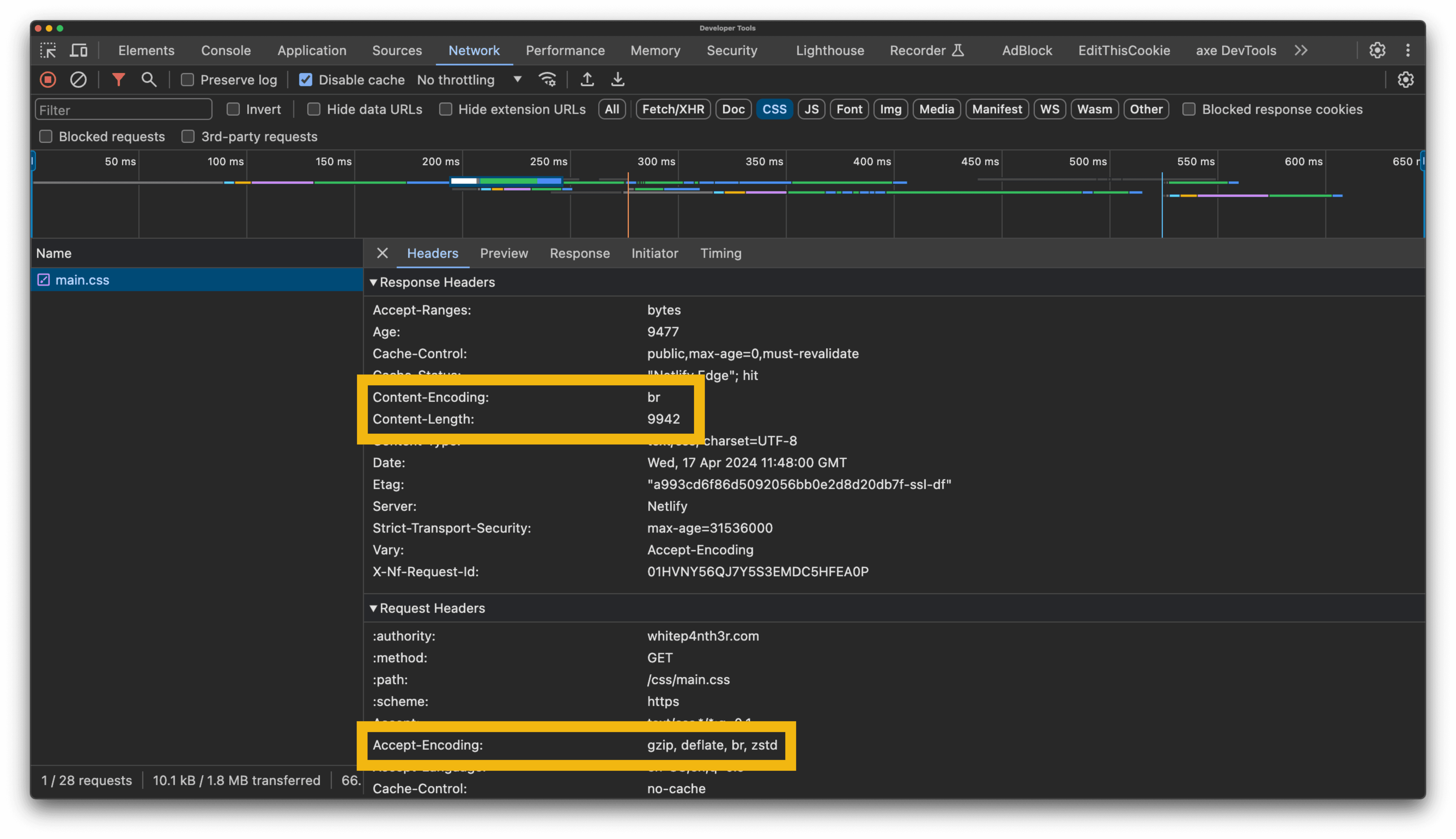 Dev tools showing the network tab in Chrome, with the content-encoding and content-length response headers highlighted using a yellow rectangle, and the accept-encoding request header also highlighted.