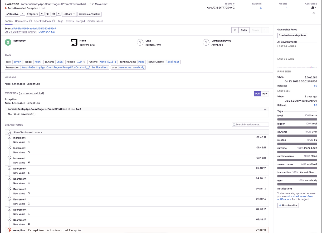 Sentry Xamarin Crash