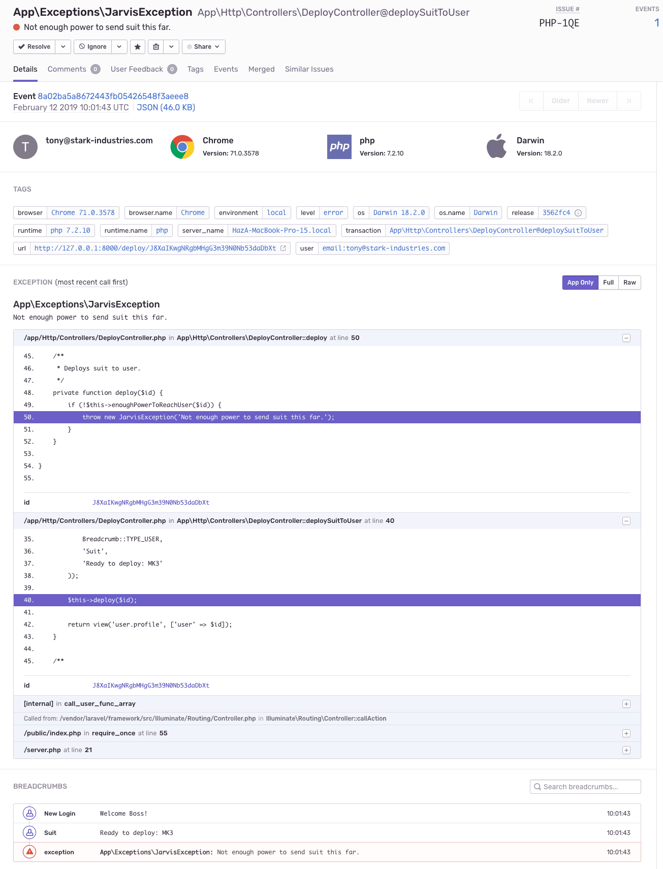 Screenshot of a Sentry's Issue page, showing details for a PHP error.