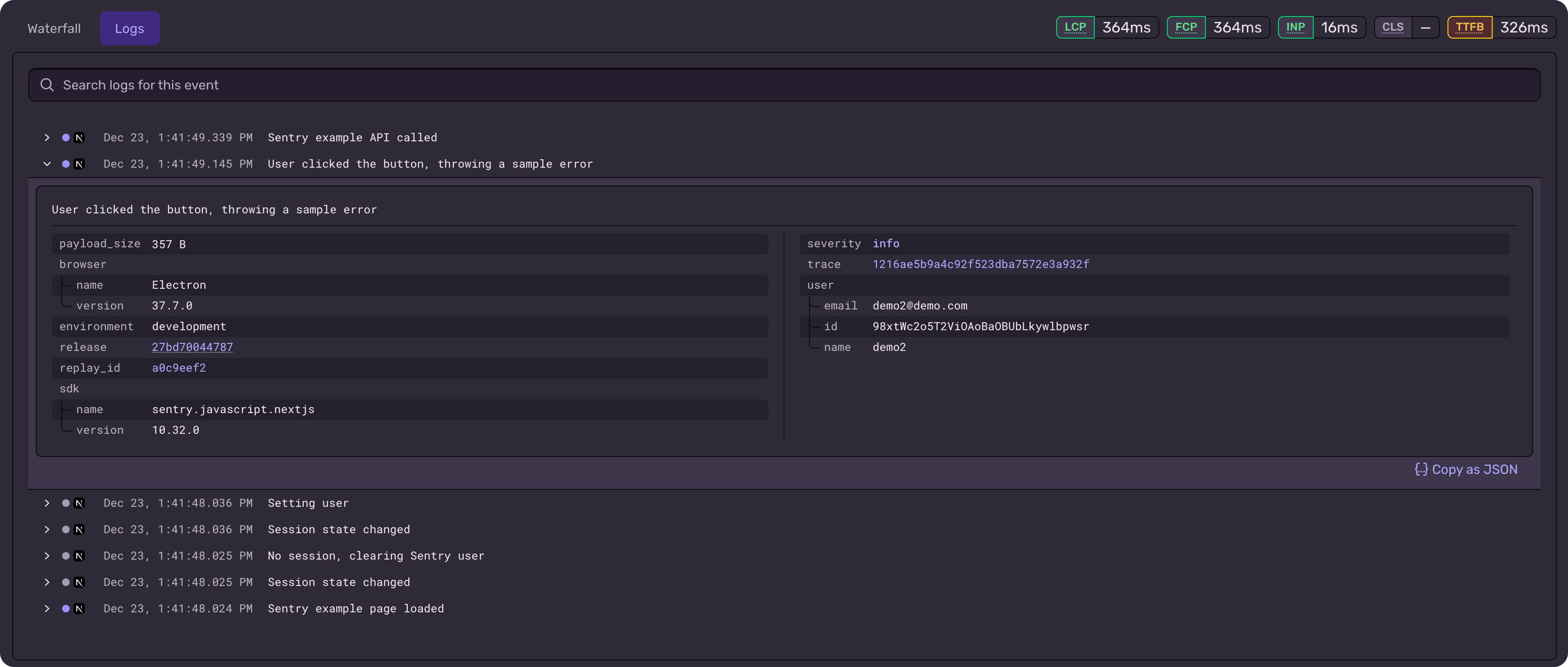 Screenshot of a dark-themed Sentry “Logs” view showing event logs and a details panel for “User clicked the button, throwing a sample error,” including browser (Electron), environment, release, SDK, severity info, and user email.