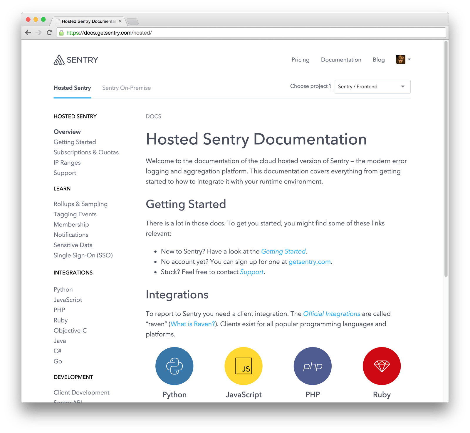Sentry hosted documentation homepage with sidebar navigation, getting started guide, and integration icons