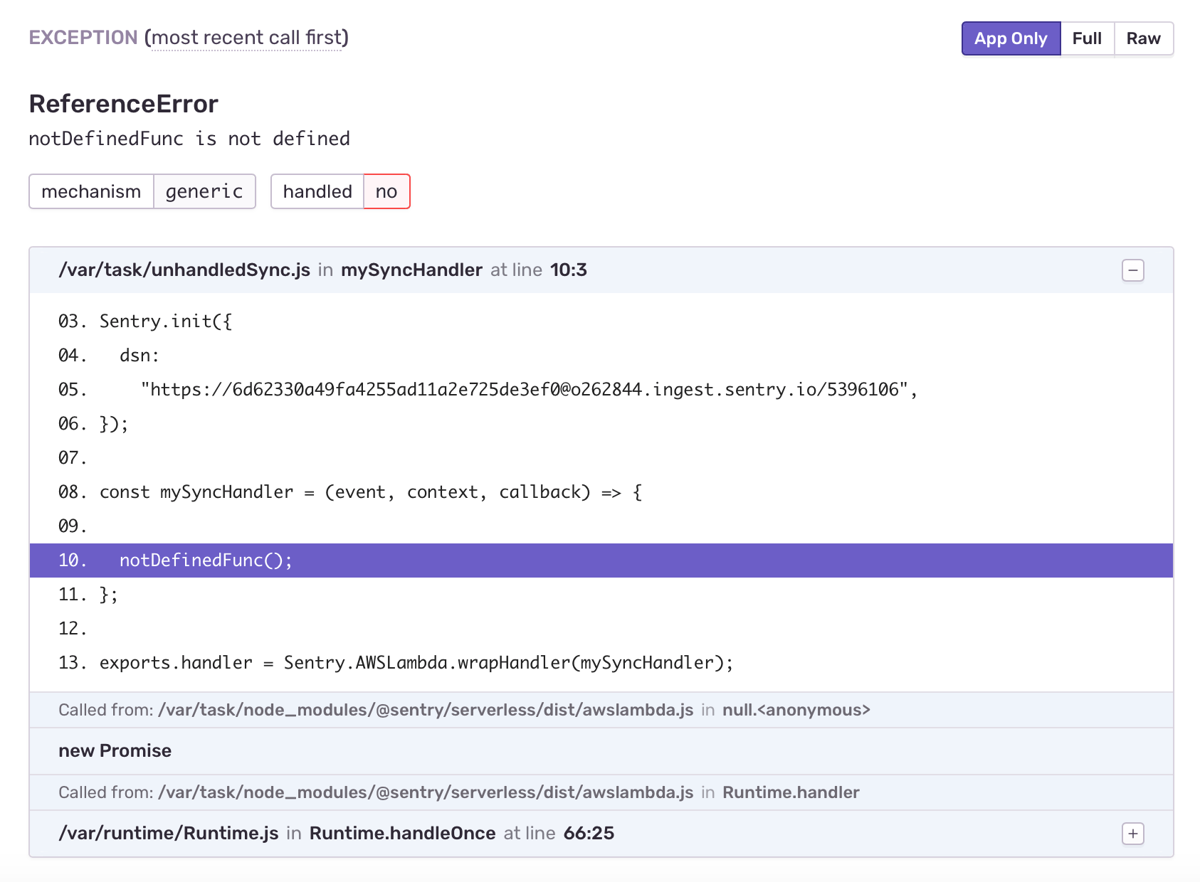 Stack trace screenshot with Sentry for Lambda function
