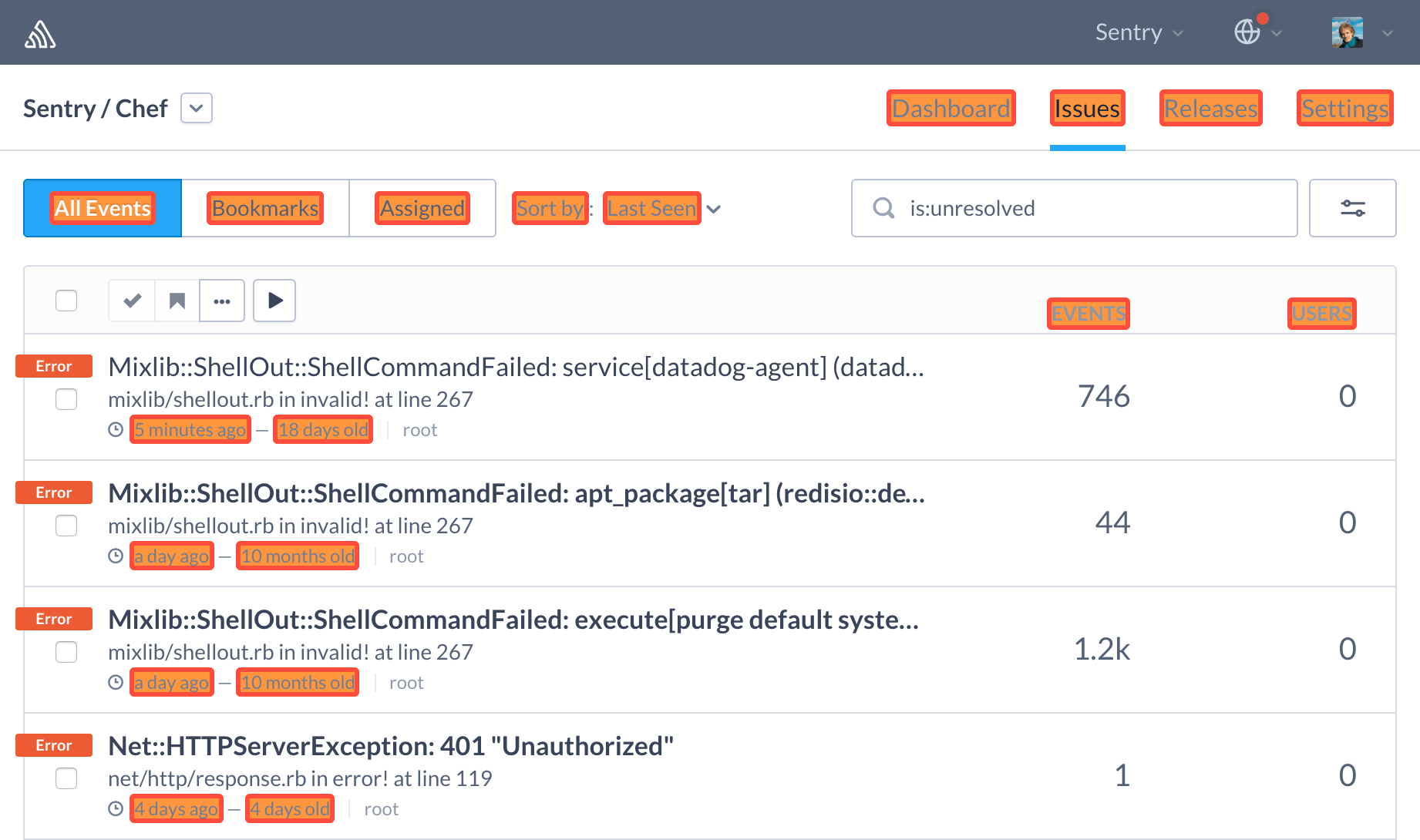 Sentry Issues list with translated UI elements highlighted in bright colors for visual identification