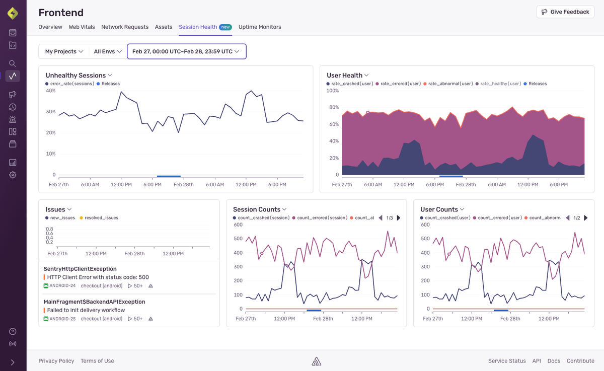 Session Health gives you insights into how new releases are affecting stability and user experience. 