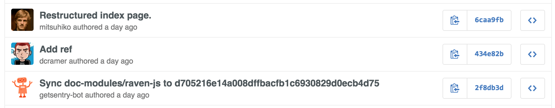 GitHub commit history showing automated doc sync commits from contributors and getsentry-bot