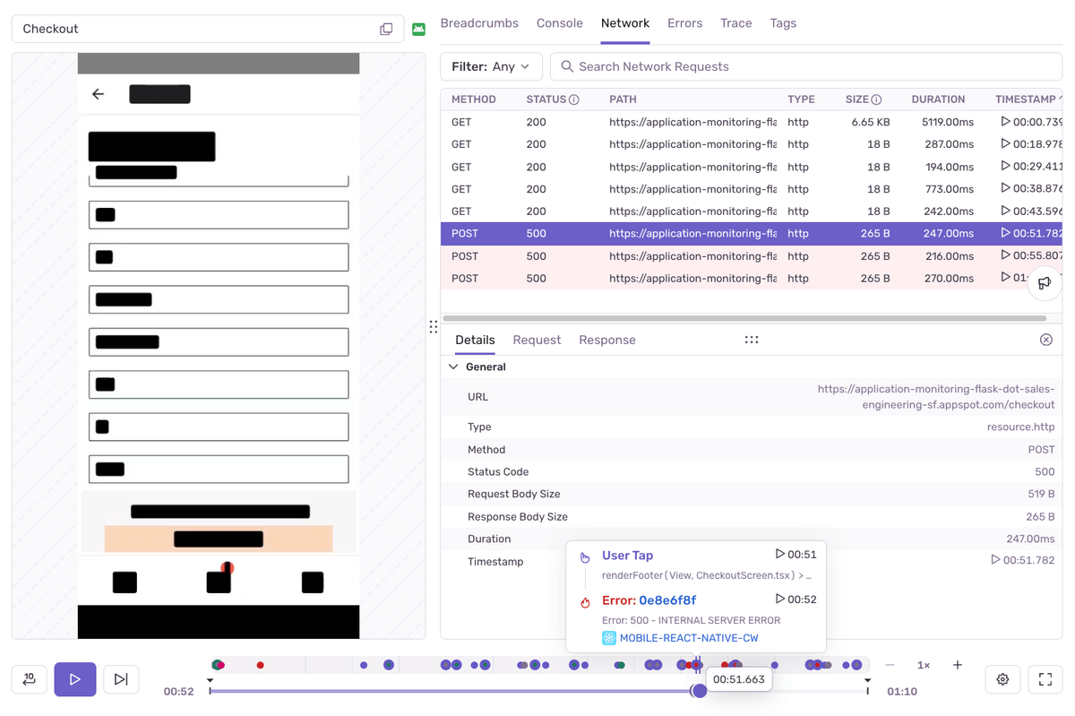 A screenshot of Session Replay on a React Native application where the left window shows a mobile app with information redacted, the bottom shows the replay timeline that is paused at a moment where a User Tap and 500 error happened, the right has the Network tab selected showing multiple successful GET requests and then 3 500 POSTs with additional details about a specific 500 error listed below the list of network calls.