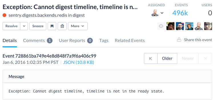 Sentry issue detail for "Cannot digest timeline" exception with 496k events