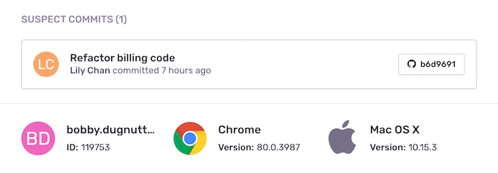 Sentry issue details showing suspect commit, user browser, and OS information
