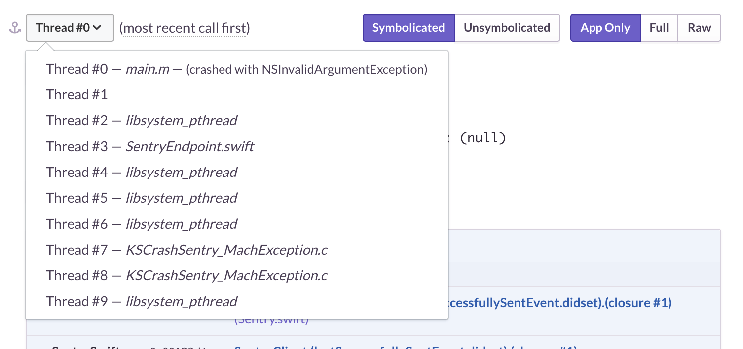 Thread selector in Sentry