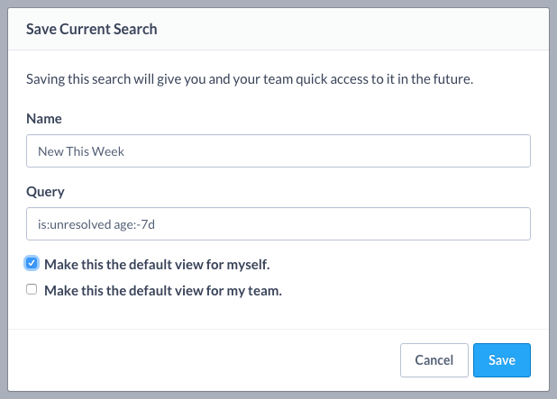 Save Current Search dialog with name, query fields, and default view checkboxes