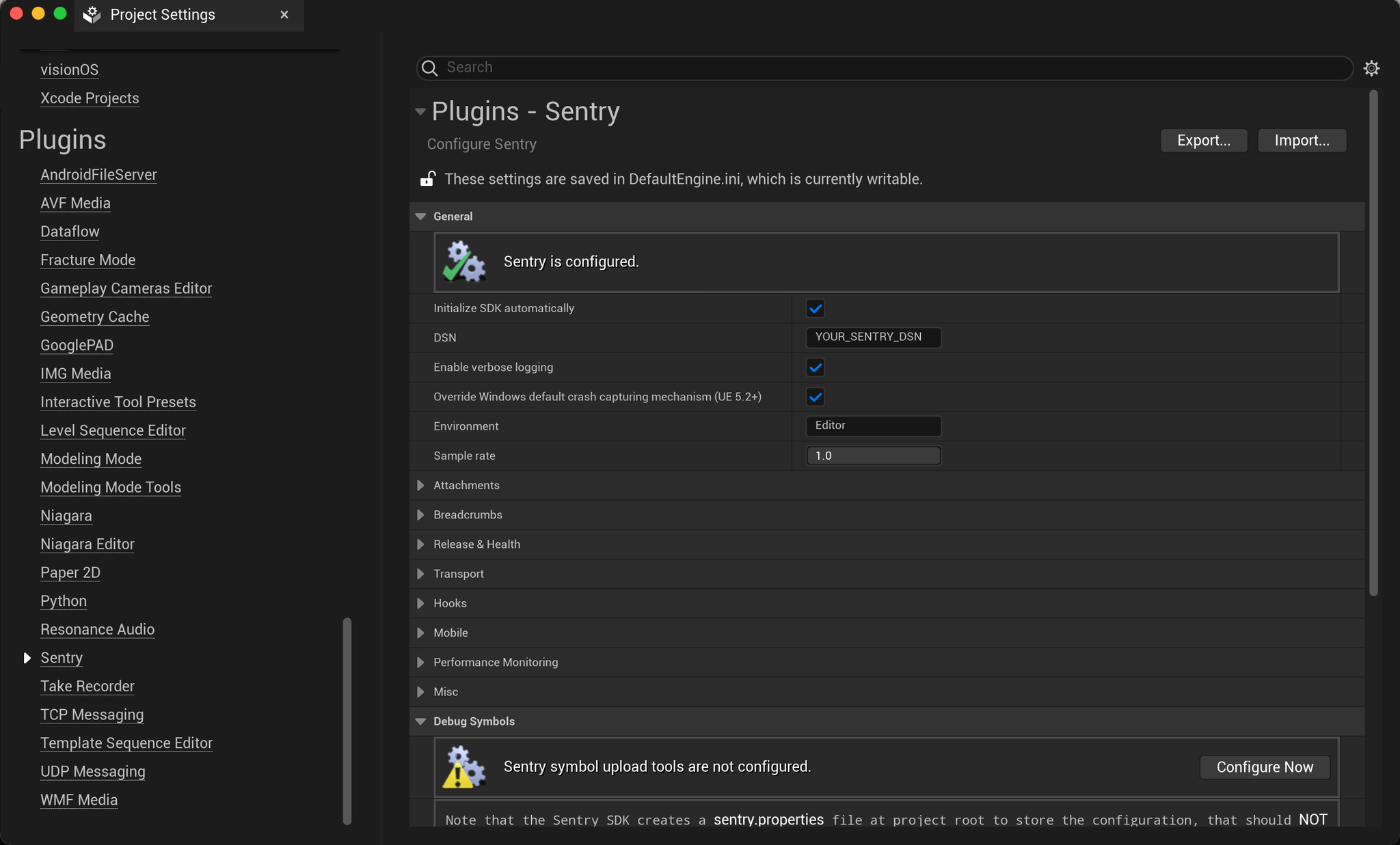 A screenshot of the Unreal Engine editor with Project Settings open to the Sentry Plugin demonstrating all of the options that installing the Sentry SDK provides for Unreal game developers.