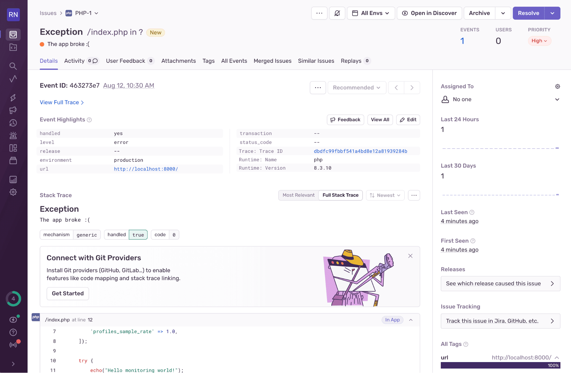 Sentry dashboard showing error details