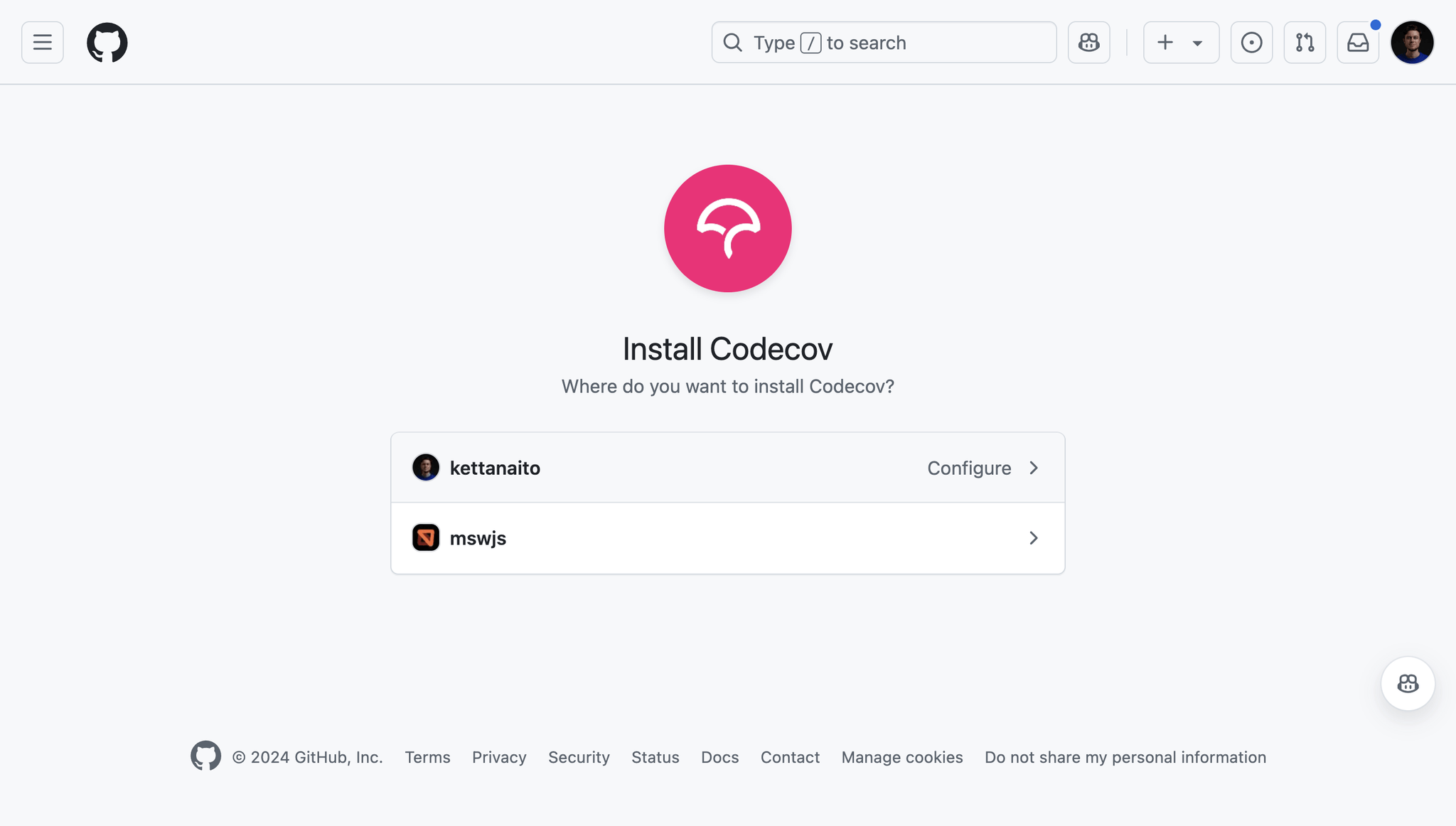 Screenshot of Codedov installation prompt on GitHub showing individual and organizational options.