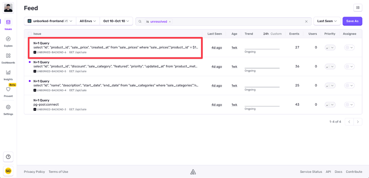 Sentry Issue view with N+1 issue highlighted