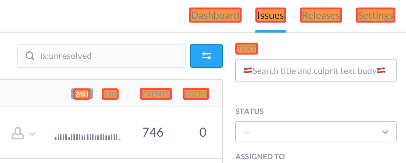 Sentry Issues list with Austrian flag markers on translated strings for jQuery-rendered elements