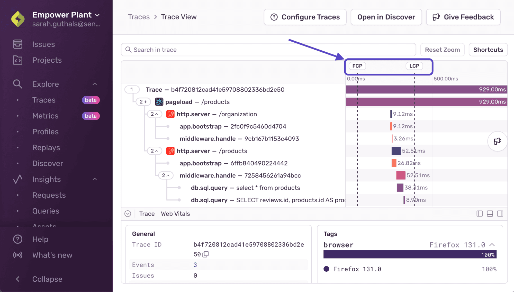 Sentry Trace View showing FCP and LCP markers alongside spans for a /products page load