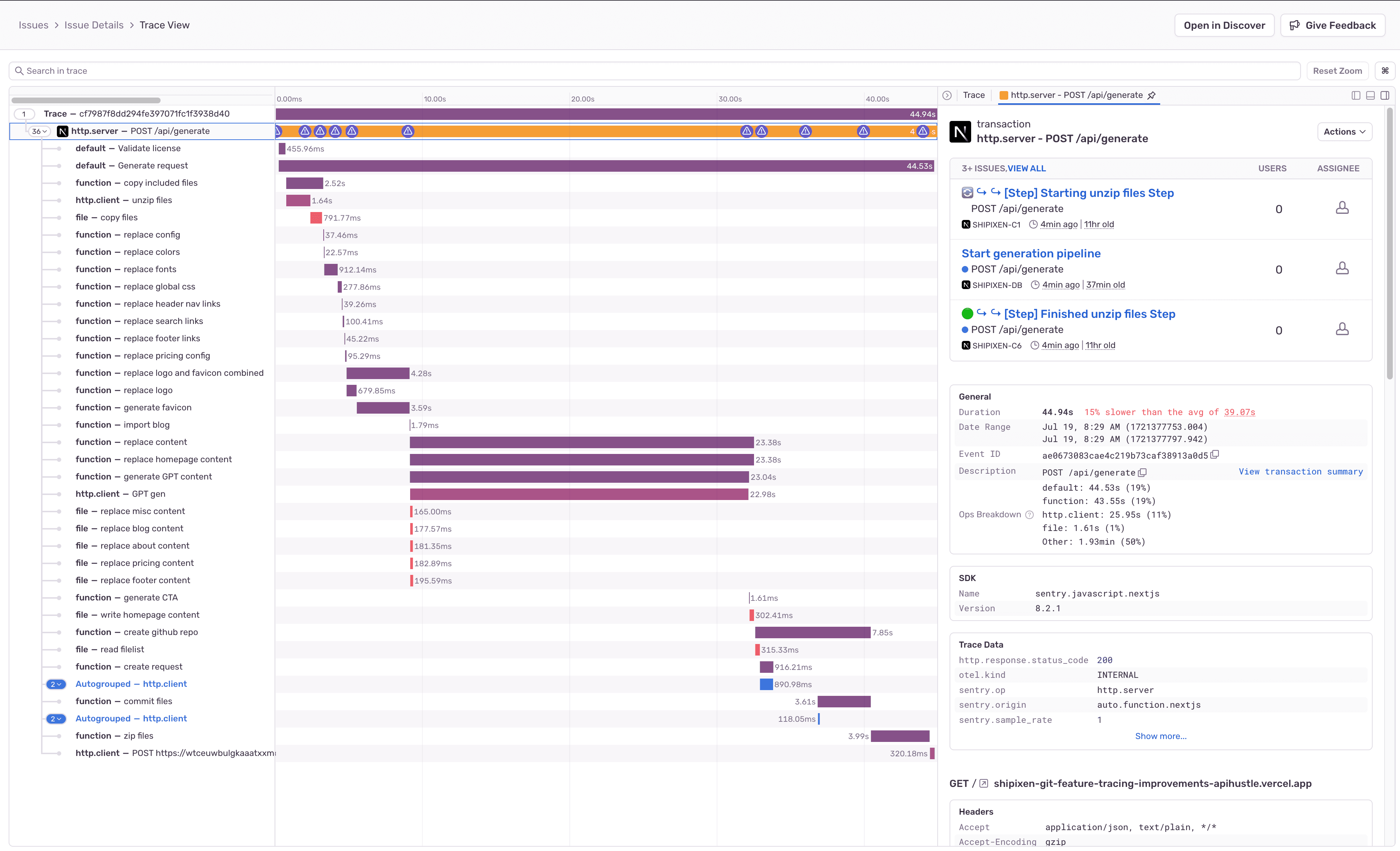 Detailed Sentry Trace View with custom spans for file I/O, content replacement, and GPT generation across the full request