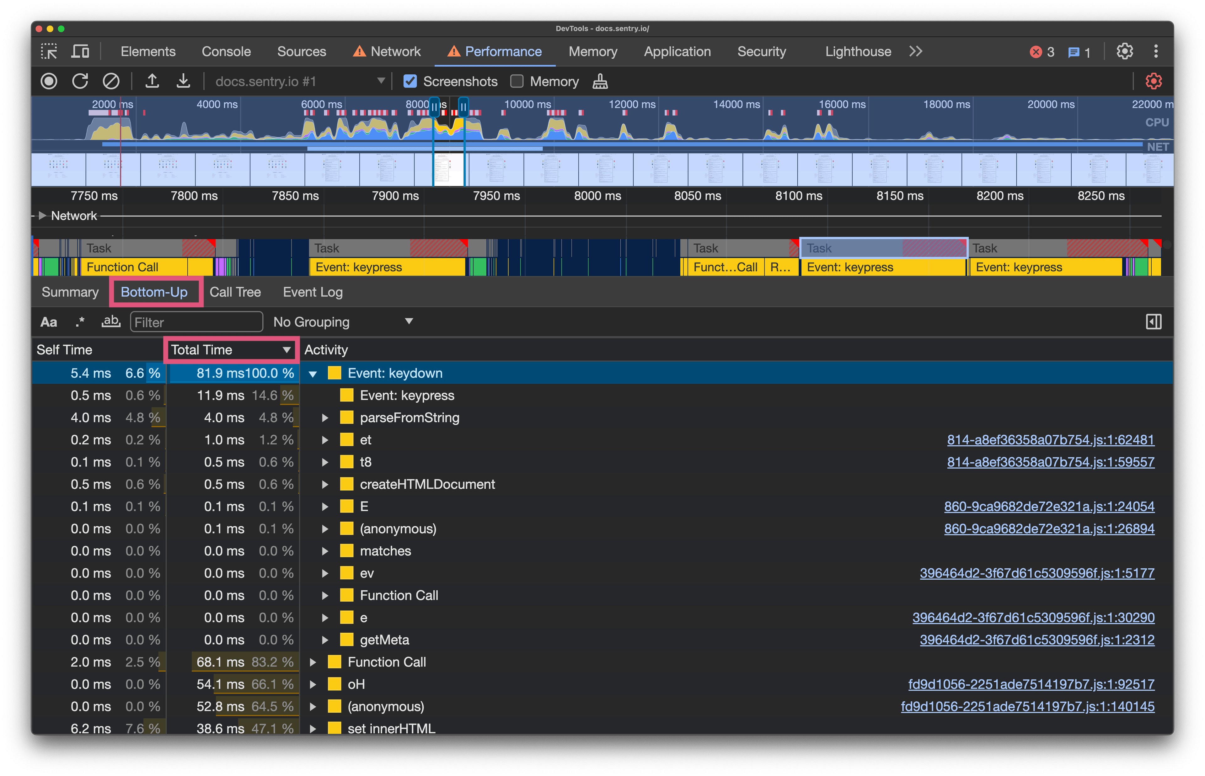 Bottom up tab with events sorted by total time descending.