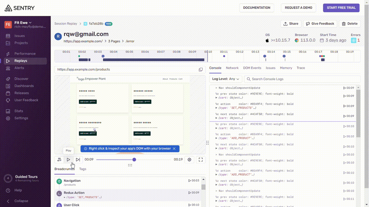 Sentry session replay interface showing user interaction recordings alongside tags and breadcrumbs