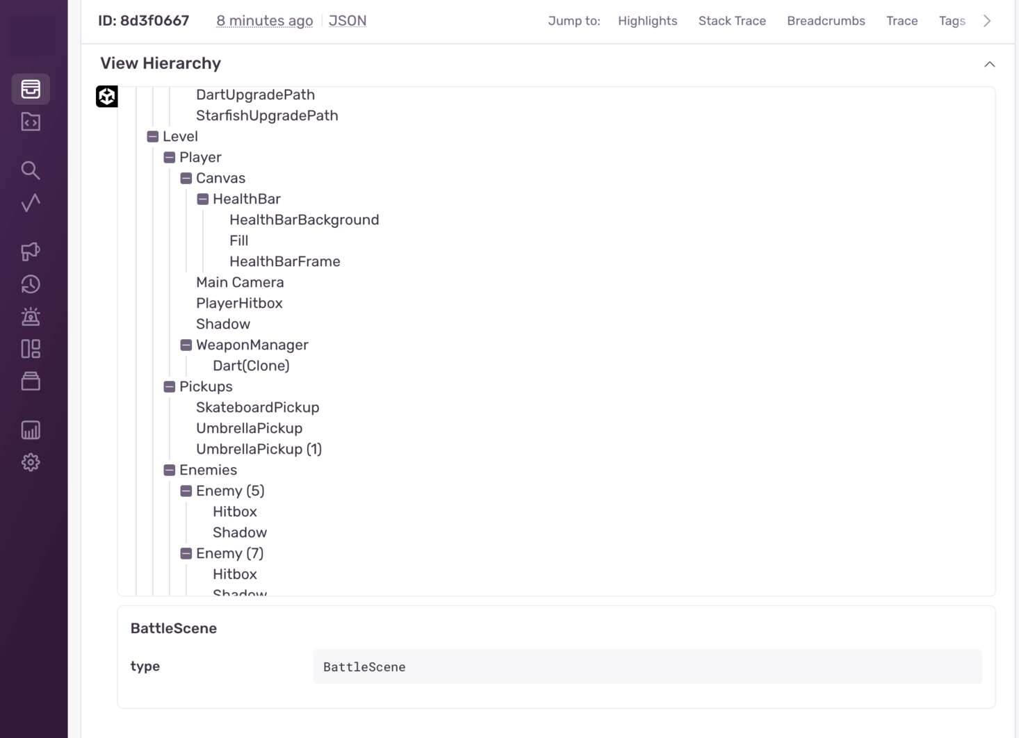 Screenshot from Sentry showing the full scene hierarchy at the time of the error.