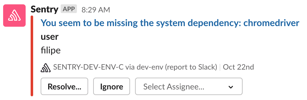 Sentry Slack alert of missing dependency