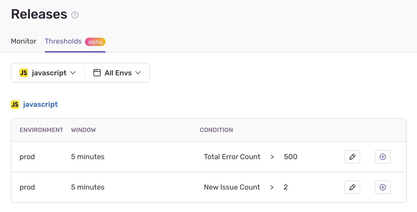 Sentry Release Thresholds configured for a JavaScript project with error count and new issue count rules