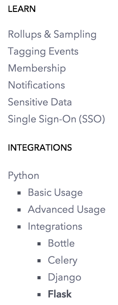 Sentry documentation sidebar showing Learn topics and Python integration sub-pages
