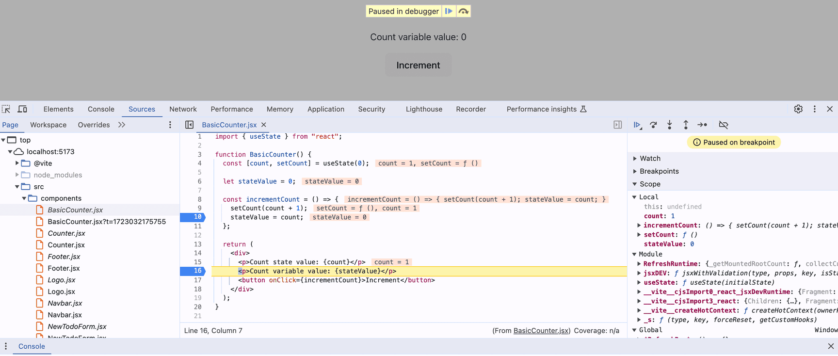 Debugger paused at breakpoint showing stateValue is 0 while count is 1 after clicking Increment
