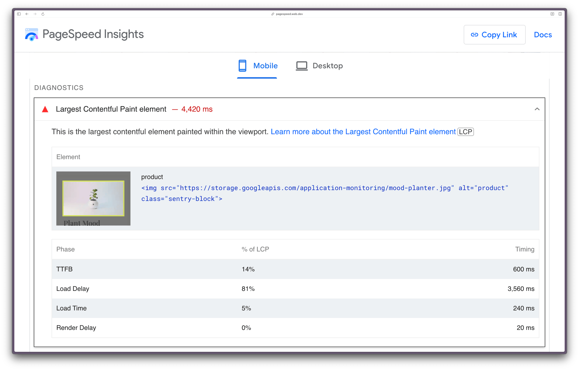 Largest Contentful Paint element 4420ms. This is the largest contentful element within the viewport. TTFB 14% of LCP, 600ms. Load delay 81%, 3560ms. Load time 5%, 240ms. Render delay 0%, 20ms.