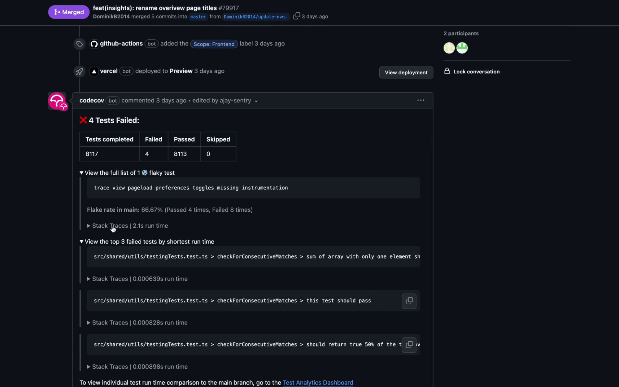 Codecov Test Analytics separates flaky tests from legitimate failures.
